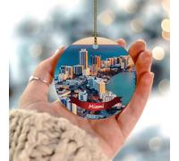 Décoration de Noël en forme de paysage urbain de Miami - Drapeau des États-Unis - Cadeau souvenir - Décoration de sapin de Noël - Cercle en céramique - Cadeau pour famille, anniversaire, Nouvel An
