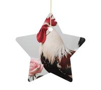 Décoration de Noël en forme d'étoile de Noël de 6,9 cm avec corde de suspension, coq rouge, blanc et rose à suspendre - Décoration vintage en céramique pour sapin de Noël pour la maison, les fêtes de