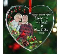 Décoration de Noël en verre « Always On My Mind Forever in My Heart » - Photo cardinale personnalisée pour sapin de Noël 2025 pour la perte de papa, maman au paradis, nom et image personnalisés
