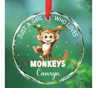 Décoration de Noël en verre avec nom personnalisé en forme de singe mignon 2025, Just A Girl Who Loves Singes, décoration de Noël, cadeau souvenir en verre pour filles, petite-fille, nièce