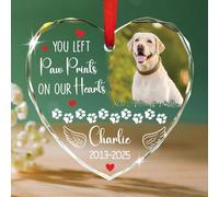 Décoration de Noël en verre avec photo de chien dans le paradis - Avec inscription « You Left Paw Prints On Our Hearts » - Décoration de sapin de Noël 2025 pour la perte de chiens et chats