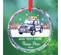 Décoration de Noël en verre de voiture de police 2025, texte et nom personnalisés pour arbre de Noël, décoration souvenir de véhicule d'application de la loi, ornements souvenirs personnalisés de
