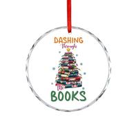 Décoration de Noël en verre, pendentif « Dashing Through The Books », souvenir plat à suspendre sur le sapin de Noël, souvenir rond amusant, cadeau de Noël pour bibliothécaire enseignant, 7,5 cm