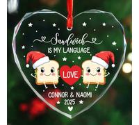 Décoration de Noël en verre personnalisée 2025 en forme de couple sandwich, décoration « Sandwich is My Language » - Couple alimentaire avec chapeau de Père Noël, cadeau pour petit ami, petite amie