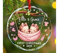 Décoration de Noël en verre personnalisée pour le premier Noël 2025, décoration de sapin de Noël rose avec noms personnalisés pour bébé jumeau, nouveaux parents, ornements de jumeaux attendus