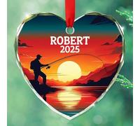 Décoration de Noël en verre pour amoureux de la pêche, cadeau pour homme, grand-père, papa, oncle, nom personnalisé, joueur de pêche, décoration de Noël 2025, décoration sportive en forme de poisson