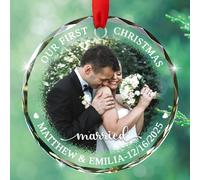 Décoration de Noël en verre pour anniversaire de mariage, photo/date/noms personnalisés Mr & Mrs Just Married 2025, photo personnalisée Mr & Mrs Marriage Ornements en verre