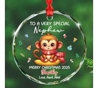 Décoration de Noël en verre « To A Very Special Neveu » - Texte et nom personnalisés - Singe mignon à suspendre - Cadeau de la part d'une tante ou d'un oncle - Décoration de Noël personnalisée en