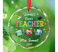 Décoration de Noël en verre « World's Best Teacher » - Décoration de Noël 2025 - Décoration de Noël pour enseignants - Cadeau pour appréciation - Enseignement du nom personnalisé - Souvenirs en verre