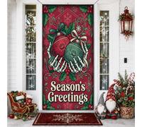 Décoration de Noël motif mains squelettiques gothiques 91,4 x 182,9 cm | Mains squelettiques, bannière de porte d'entrée, ornements de vacances, feuillage de houx, style gothique d'hiver