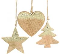 Décoration de Noël Pendentif en bois Étoile Cœur Arbre, Décoration de l'Avent, Décoration de Noël brillante, Set 3pc