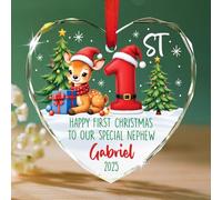 Décoration de Noël personnalisée avec nom/année pour neveu et cerf - Décoration de Noël en verre en forme de cœur pour neveu spécial 2025 - Cadeau personnalisé de la part de l'oncle tante, neveux