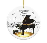 Décoration de Noël personnalisée en céramique 2D avec nom et année - Piano à queue avec notes de musique - Cadeau de Noël pour pianistes et amateurs de musique