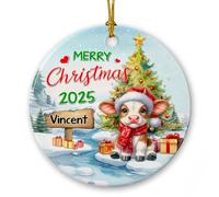 Décoration de Noël personnalisée en céramique en forme de vache avec chapeau de Père Noël, cadeau souvenir de Noël pour bébé garçon et fille, nom personnalisé et année des vaches amants 2025, ornement