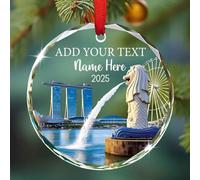 Décoration de Noël personnalisée en verre Merlion Park de Singapour - Décoration de sapin de Noël Asie de Singapour - Cadeaux souvenirs pour papa, maman, meilleure amie, texte et nom personnalisés