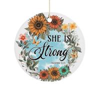 Décoration de Noël, Proverbes 31:25 She Is Strong Décoration de Noël Tournesol Souvenir Plat Chrétien Suspendu Sur Sapin de Noël, Souvenir Rond Amusant en Céramique Cadeaux de Noël 7,5 cm
