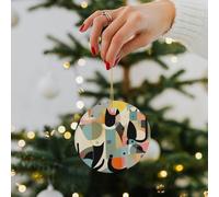 Décoration de Noël ronde double face en céramique en forme de chat du milieu du siècle avec ruban doré pour décoration de maison, cadeau pour la famille et les amis