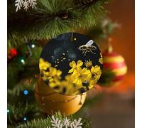 Décoration de Noël ronde en céramique à suspendre - 7,1 cm - Motif abeilles volantes au-dessus des fleurs - Ornements souvenirs avec corde dorée pour cheminée, décoration de fête de vacances