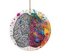 Décoration de Noël ronde en céramique à suspendre pour sapin de Noël, intérieur et extérieur - 10 cm - Motif cerveau gauche et droit