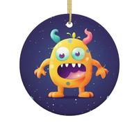Décoration de Noël ronde en céramique avec motif monstre coloré - Impression double face - Décoration à suspendre avec ficelle dorée