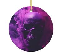 Décoration de Noël ronde en céramique avec motif tête de mort fumée. Convient pour les arbres de Noël, les fêtes de fin d'année, la décoration de la maison