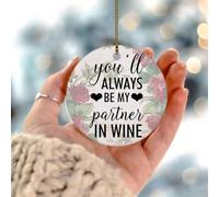 Décoration de Noël ronde en céramique double face avec inscription « You'll Always Be My Partner in Wine » pour sapin de Noël
