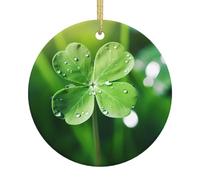 Décoration de Noël ronde en céramique imprimée trèfle à quatre feuilles - Convient pour les fêtes de fin d'année et les décorations de cheminée.