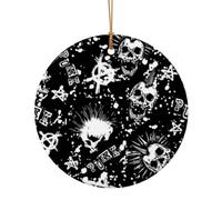 Décoration de Noël ronde en céramique pour roman Motif crâne punk Blanc 10 cm