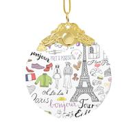 Décoration de Noël ronde en verre imprimé Tour Eiffel de Paris - Décoration de vacances étincelante et souvenir pour maison/magasin