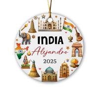 Décoration de Noël souvenir de vacances en Inde 2025 - Décoration de Noël personnalisée en céramique - Arbre de voyage - Nom personnalisé Taj Mahal patrimoine indien