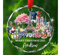Décoration de Noël souvenir de voyage en France 2025, texte personnalisé de la Tour Eiffel de Paris, décoration de Noël en verre, cadeau pour les amoureux de Paris, fille, fils, souvenirs de voyage en