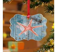 Décoration de Noël sur le thème de la plage nautique - Étoile de mer - Œuvre d'art d'animaux marins - Souvenir de ferme - Disques en acrylique transparent - Texture bois bleu - Souvenir côtier pour