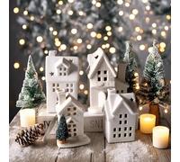 Décoration de Noël - Village de Noël lumineux - Maisons en porcelaine blanche - Décoration intérieure - Veilleuse LED - Décoration de Noël - Village de Noël - Maisons lumineuses - Céramique - Blanc