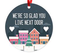 Décoration de Noël, We're So Glad You Live Next Door, pochette en velours incluse, grande décoration ronde en métal de 9,5 cm