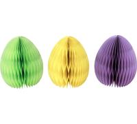 Décoration de Pâques Oeufs en papier nid d'abeille 20cm debout dans les couleurs pastel vert jaune violet - Set de 3 décorations de table
