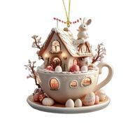 Décoration de Pâques Pendentif Lapin Maison Tasse de Thé - Ornement Acrylique 2D Effet Visuel 3D - Déco Suspendue Mignonne pour Fenêtre Arbre Porte Mur - Cadeau de Printemps pour Famille Amis