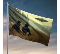 Décoration de patio amusante avec deux hommes assis dans un champ, regardant un OVNI. Drapeau western décoration d'intérieur drôle décoration de bar (30 x 45 cm)