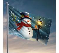 Décoration de patio amusante - Bonhomme de neige joyeux avec un oiseau perché sur un réverbère dans une scène enneigée. Drapeaux pour décoration de chambre (60 x 90 cm)