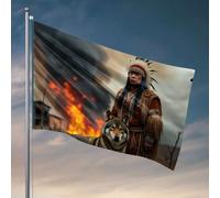 Décoration de patio amusante Guerrier amérindien avec loup au milieu d'un village brûlant. Drapeau occidental Décoration de bar amusante (60 x 90 cm)