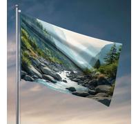 Décoration de patio amusante - Ligne de rochers d'une rivière qui coule à travers une vallée de montagne. Drapeau bar homme grotte décoration de dortoir pour homme (120 x 180 cm)