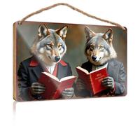 Décoration de porte à suspendre avec deux loups en costume lisant des livres rouges - Panneau en bois amusant pour salle de bain (23 x 35 cm)