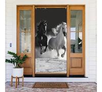 Décoration de porte de 90 x 180 cm, noir et blanc chevaux qui courent en cours d'exécution, bannière de porte saisonnière, panneau de porte, arrière-plan photo, décoration de fête pour intérieur ou