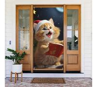 Décoration de porte de bienvenue - Bannière de porte - 183 x 90 cm - Chat mignon chantant des chants de Noël - Bannière de porche - Fond photo saisonnier - Bannière à suspendre pour fête de vacances