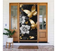 Décoration de porte de bienvenue - Bannière de porte - 183 x 90 cm - Papillons blancs dorés et noirs - Bannière de porche - Fond photo saisonnier - Bannière à suspendre pour fête de vacances