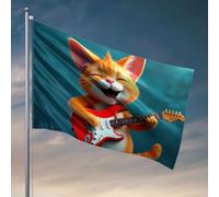 Décoration de porte de chambre avec un chat de dessin animé heureux jouant d'une guitare électrique. Drapeau pour chambre à coucher (152 x 244 cm)