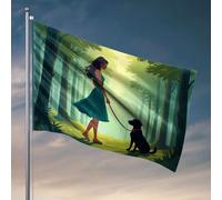 Décoration de porte de chambre femme marchant son chien dans une forêt Drapeau pour chambre à coucher (120 x 180 cm)