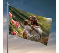 Décoration de porte de chambre Jésus tenant un enfant avec des roses en arrière-plan. Drapeau pour chambre à coucher (30 x 45 cm)