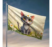 Décoration de porte de chambre Un chat mignon avec des fleurs dans ses cheveux assis parmi des marguerites. Drapeau Man Cabe Decor Accessoires de chambre à coucher (120 x 180 cm)