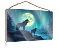 Décoration de porte de ferme en bois avec loups hurlant à la lune dans une aurore boréale (20 x 30 cm)