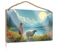 Décoration de porte de ferme en bois « Girl and Sheep by The Lake Under A Full Moon » (23 x 35 cm)